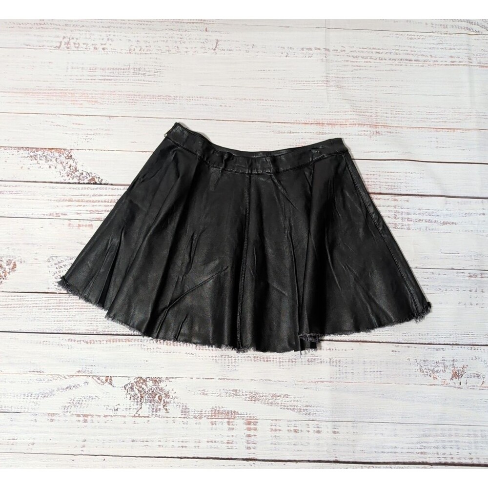 Handmade Reworked Black Faux Leather Skater Mini Skirt M Raw Hem Goth Y2K OOAK - Picture 2 of 13